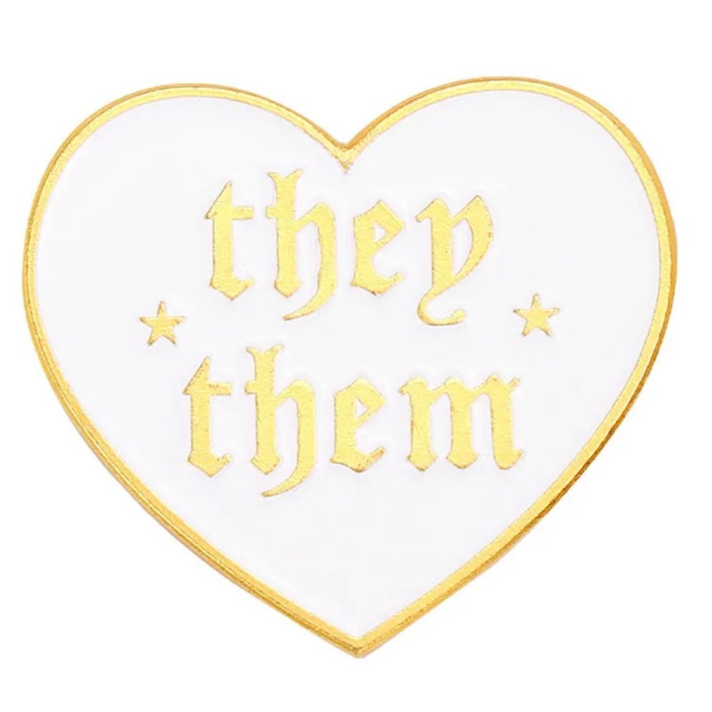 They/Them Pronoun Pin Gold & White Enamel LGBTQIA+ Brooch NEW